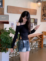 One Shoulder Slit Slim T-shirt (5color)