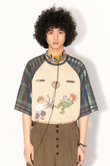 ミルクシルクチェック柄パッチワークデザイン半袖Tシャツ