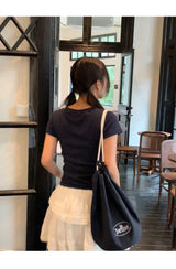 Short Sleeve Button Slim Ribbed Short Sleeve Tee