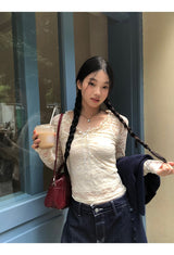 Lace shirring two-piece long-sleeved blouse T-shirt