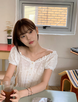 #Flower Embroidery Crop Short Sleeve Blouse (2color)
