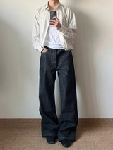 Striped Raw Denim Straight Leg Trousers