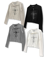 Cross Printed Ribbed Kint Zip-Up_Black