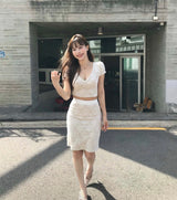 [ md pick ] nef puff & lace top + midi sk set