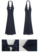 Navy Halterneck Flower Long Dress