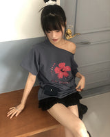 Risch loose fit flower-printed off-shoulder short-sleeved T-shirt