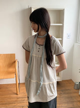 Hanami Lace U-neck Button Short Sleeve Tee
