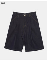 Pintuck Wide Raw Denim Bermuda Pants