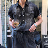 LMN Cool linen western denim setup short-sleeved jacket (2 colors)