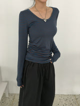 ウィッシュストライプ UネックロングスリーブTシャツ(6c)