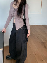 Cats Stripe Balloon Fit Wide Carpenter Pants 