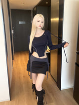 1208. Eyelet ribbon curved crop T (2color)