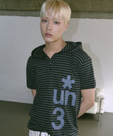 Symbol Stripe Henley Hood Crop Short Sleeve Black