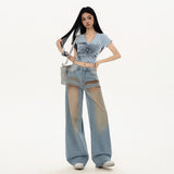 Light blue gradient blush washed straight leg floor-length jeans