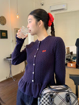 Twisted frill knit long-sleeved cardigan