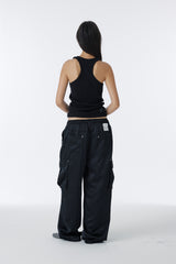 SATIN WIDE CARGO PANTS	(BLACK)