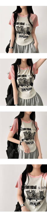 デューリーキャットラグランVネックニットクロップドTシャツ