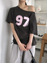Tekin Lettering Off-Shoulder Overfit Short Sleeve T-Shirt