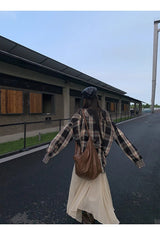 マルチチェックパターンルーズワイド長袖シャツ