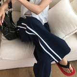 レンジウエストストリングサイドラインナイロンワイドロングパンツ 4 Colors