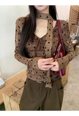cotton wool scarf dot brown long-sleeve t-shirt