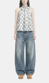 Check Ribbon Halter Blouse