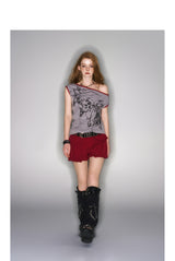 2025 Spring/Summer New Red and Gray Color Collision Slant Shoulder Printed Top