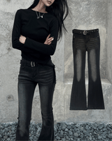 Y2Kヘナブラッシュハイウェストデニムスパンブーツカットロングパンツ&ベルトセット (2colors) / BLACK.VER