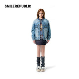 Denim Blue Washed 100% Cotton Oversized Zip Front Denim Jacket with Frayed Back Graphic