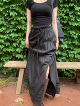 Rustic Pure Frill Slit Maxi Long Skirt (2 colors)
