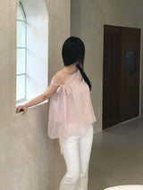 Lovie Unbal One-Shoulder Ribbon Chiffon Blouse