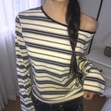 ジロン ストライプ ワンオフショルダー アンバランスTシャツ