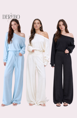 ワッフル アシンメトリカル オフショルダー スウェットパンツ セット (TOP+PANTS SET)