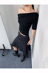 アンバランスストラップオフショルダー半袖Tシャツ