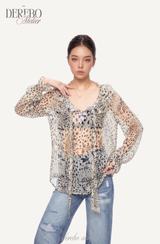 Leopard see-through frill blouse