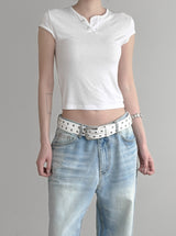 Lien Eyelet Henley Neck Open Crop Top