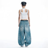 Sun Patch Leopard Balloon Denim Pants - LIGHT BLUE