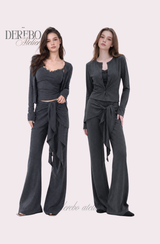 ロイヤル チャコール フリル トレーニング スリーピース セットアップ (Cardigan+Sleeveless+Pants)