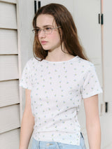 SIDE SLIT FLOWER T-SHIRT WH+BL