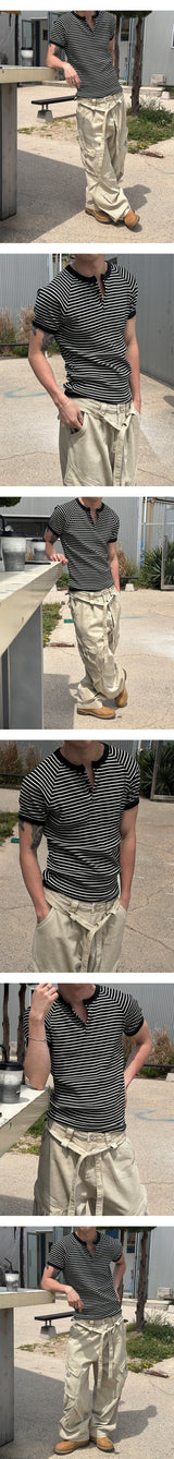 [Slim Fit] ストライプヘンリーネックハーフニットTシャツ(3color)