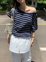 [MADE] Spool Stripe Unbalanced Off-Shoulder T-Shirt