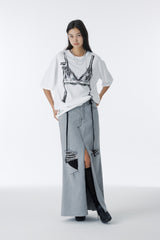 DAMAGED LONG DENIM SKIRT (GRAY)