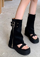 FOLD WARMER PLATFORM BELT TWO WAY SANDAL BOOTS (2COLORS!)