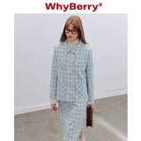 Why Berry 24SS "Sea Salt Bubble" Blue and White Checkered Short Coat Shoulder Pads Straight Jacket