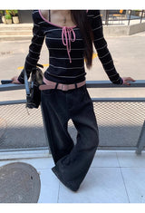 Pink strap striped striped long-sleeved t-shirt