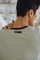 Stripe slim henley neck half t-shirts(Ivory)