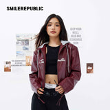 Unisex PU-Coated Faux Leather Cropped Hooded Zip Jacket