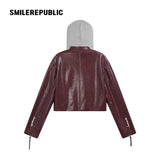 Unisex PU-Coated Faux Leather Cropped Hooded Zip Jacket