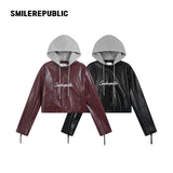 Unisex PU-Coated Faux Leather Cropped Hooded Zip Jacket