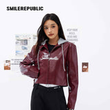 Unisex PU-Coated Faux Leather Cropped Hooded Zip Jacket